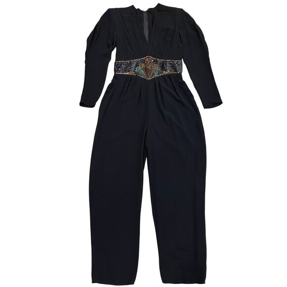 Vintage Black Sequin Waist Jumpsuit | Sheer Sleeve, V-Neck, Pockets, Formal Glam - Picture 1 of 11